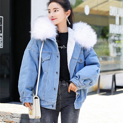 Hooded Fur Denim Jackets Women Liner Cotton Winter Thicker Denim Coats Ladies Casual Jacket Female Plus Size Loose Outerwear Top