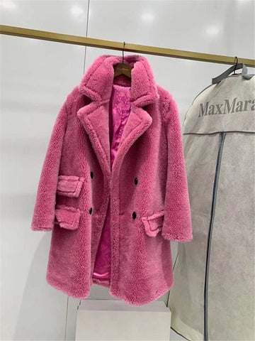 2019 Winter New Fashion Womens Teddy Bear Coat Real Wool Sheep Fur Long Coats Jacket Thick Warm