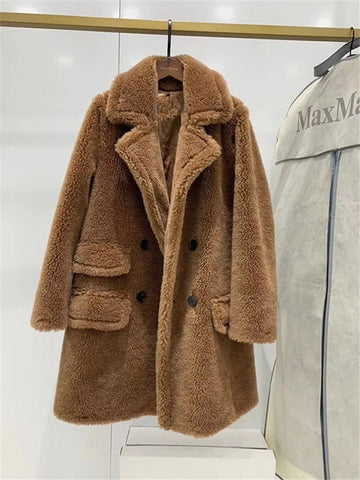 2019 Winter New Fashion Womens Teddy Bear Coat Real Wool Sheep Fur Long Coats Jacket Thick Warm