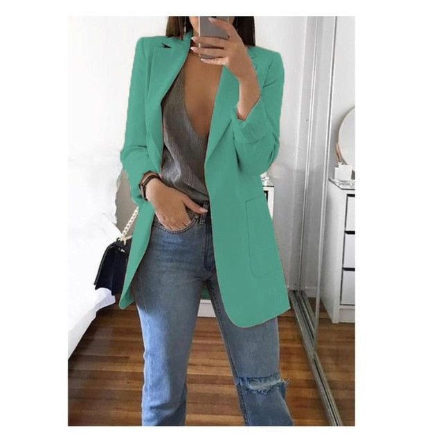 Ainyfu Solid Temperament Slim Suit Jacket Woman Turn-down Collar Office Lady Coats Long Sleeve Patchwork Femme Clothing Autumn