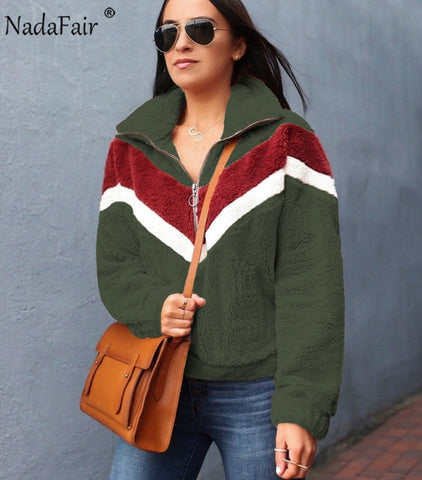 Nadafair Casual Fleece Sweatshirt Women 2019 Patchwork Zip Faux Fur Oversized Winter Fluffy Hoodie Female Plus Size Pullovers