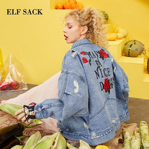 ELFSACK 2019 Spring New Oversized Jackets Woman Full Rose Print Single Breasted Femme Outerwear Coats Cotton Loose Ladies Coat