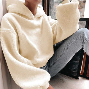 Nadafair Shaggy Long Sleeve Oversized Hoodie Winter Plush Pullover Sweatshirt Faux Fur Fluffly Hoodies Women