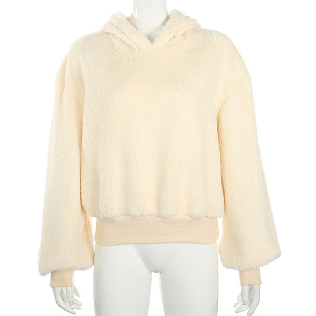 Nadafair Shaggy Long Sleeve Oversized Hoodie Winter Plush Pullover Sweatshirt Faux Fur Fluffly Hoodies Women
