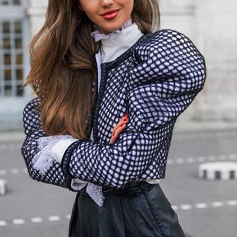 TWOTWINSTYLE Ruched Plaid Coat For Women O Neck Puff Sleeve Short Female Coat Streetwear Autumn Fashion New Clothing 2019