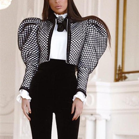 TWOTWINSTYLE Ruched Plaid Coat For Women O Neck Puff Sleeve Short Female Coat Streetwear Autumn Fashion New Clothing 2019