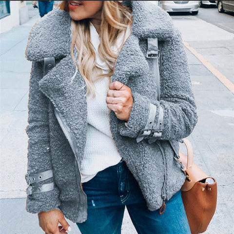 Women Winter Faux Fur Teddy Coat Thick Warm Plus Size Fluffy Pockets Plush Zipper Jacket Ladies Overcoat Outerwear Streetwear
