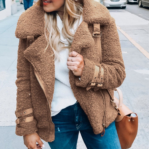 Women Winter Faux Fur Teddy Coat Thick Warm Plus Size Fluffy Pockets Plush Zipper Jacket Ladies Overcoat Outerwear Streetwear