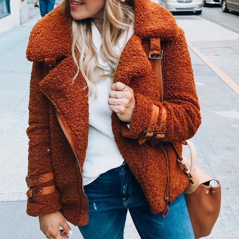 Women Winter Faux Fur Teddy Coat Thick Warm Plus Size Fluffy Pockets Plush Zipper Jacket Ladies Overcoat Outerwear Streetwear