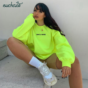 SUCHCUTE Women's Hoodies Neon Green Casual Lose Weight Hoody Top Sudadera Mujer Kpop O-Neck Autumn 2019 Female Gothic Sweatshirt