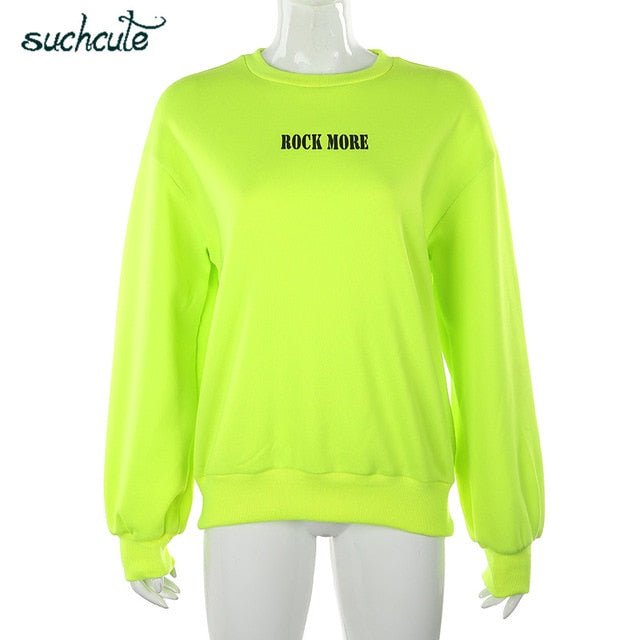 SUCHCUTE Women's Hoodies Neon Green Casual Lose Weight Hoody Top Sudadera Mujer Kpop O-Neck Autumn 2019 Female Gothic Sweatshirt
