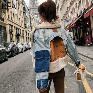 [DEAT] 2019 WinterWomen's Fashion Trend New Pattern Harajuku Lamb Hair Lapel Thickening Heavy Work Stitching Denim Jacket AI580