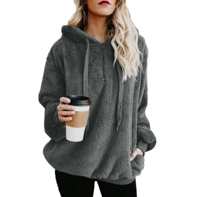 Plus Size Autumn Winter Women Casual Solid Zipper Long Sleeve Sweatshirt Long Sleeve Plush Fluffy Hoodies Fleece Pullover 5xl