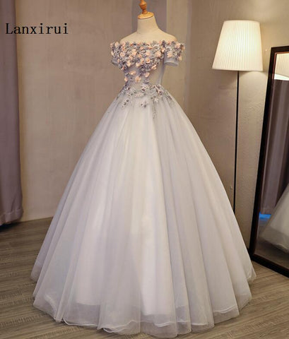 Lanxirui New Arrival Grey Quinceanera Dresses Off The Shoulder Ball Gown Handmade Flowers Puffy Dresses for winter