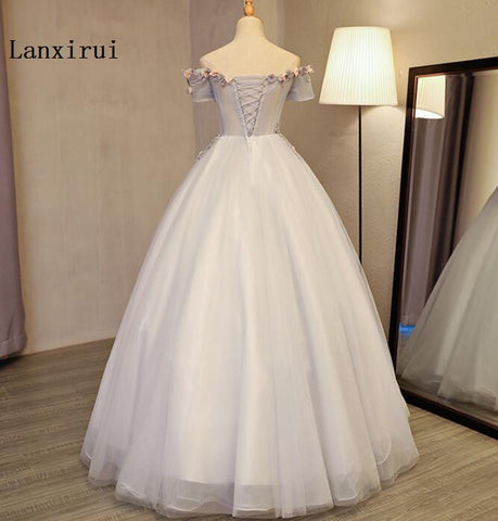 Lanxirui New Arrival Grey Quinceanera Dresses Off The Shoulder Ball Gown Handmade Flowers Puffy Dresses for winter