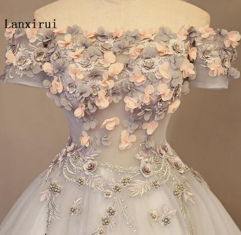 Lanxirui New Arrival Grey Quinceanera Dresses Off The Shoulder Ball Gown Handmade Flowers Puffy Dresses for winter