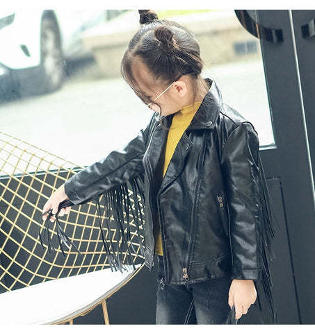 children PU jacket girl fashion leather 2-7 year old  lapel tassel motorcycle leather jacket spring autumn low price promotion
