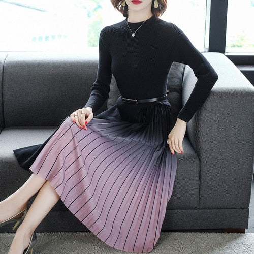 Fashion Korean Sweater Dress Women Knitted Sweaters Dresses Pleated Women Dress Plus Size Woman Thick Sweaters Dresses Elegant