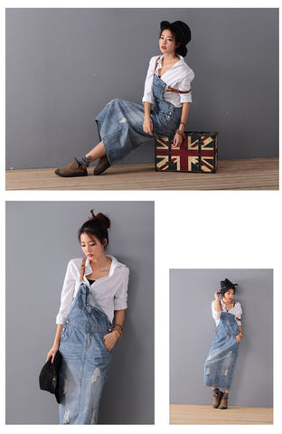 Maxi Denim Dress Summer Ladies Suspenders Holes Jeans Dresses Female Loose Plus Size Bib Blue Jeans Long Dress Vestidos 8075