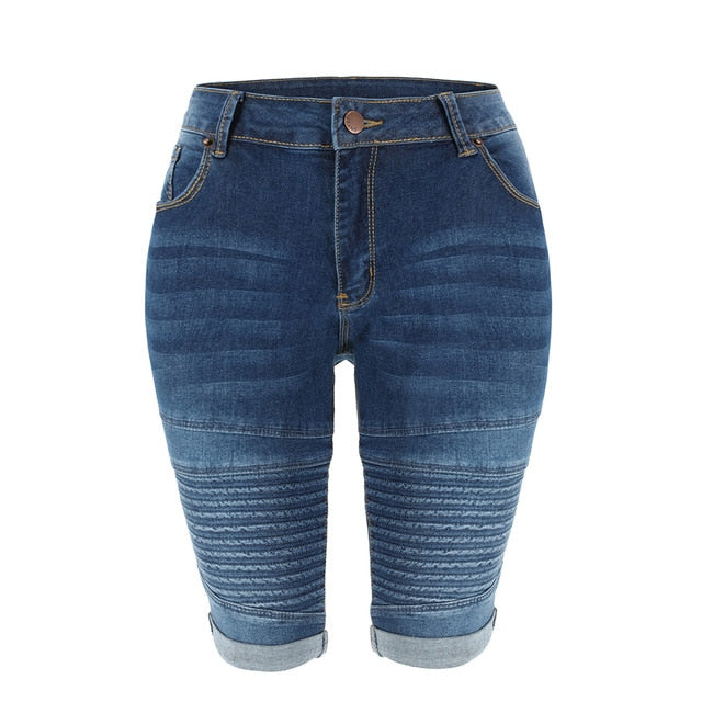 Denim Bermuda Shorts Women Middle Rise Elastic Knee Length Shorts Summer Curvy Stretch Moto Short Jeans Pants