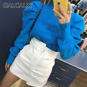 GALCAUR Korean Ruched Knitted Women's Sweaters O Neck Puff Long Sleeve Oversize Pullover Sweater Female 2019 Autumn Fashion New