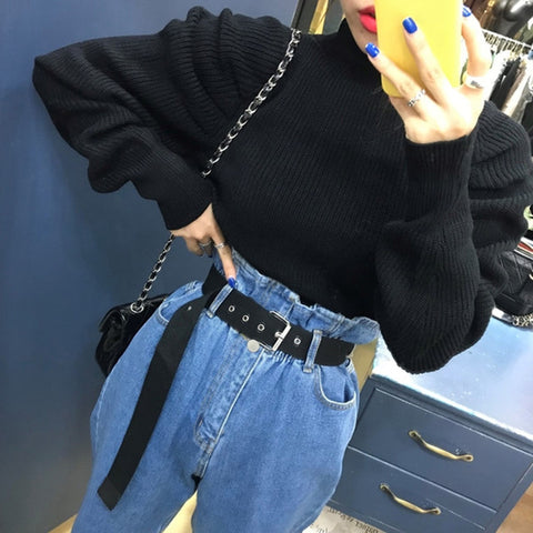 GALCAUR Korean Ruched Knitted Women's Sweaters O Neck Puff Long Sleeve Oversize Pullover Sweater Female 2019 Autumn Fashion New