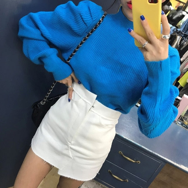 GALCAUR Korean Ruched Knitted Women's Sweaters O Neck Puff Long Sleeve Oversize Pullover Sweater Female 2019 Autumn Fashion New