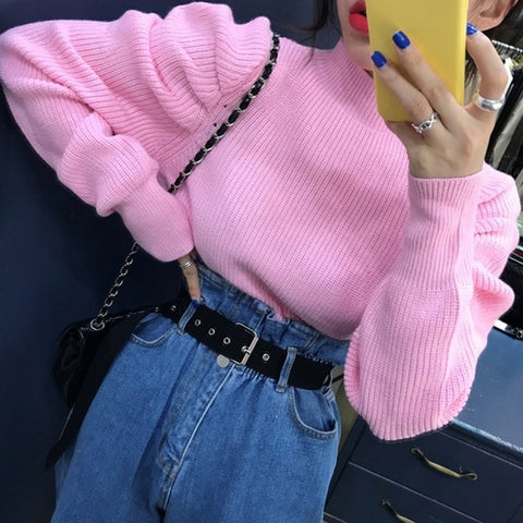GALCAUR Korean Ruched Knitted Women's Sweaters O Neck Puff Long Sleeve Oversize Pullover Sweater Female 2019 Autumn Fashion New