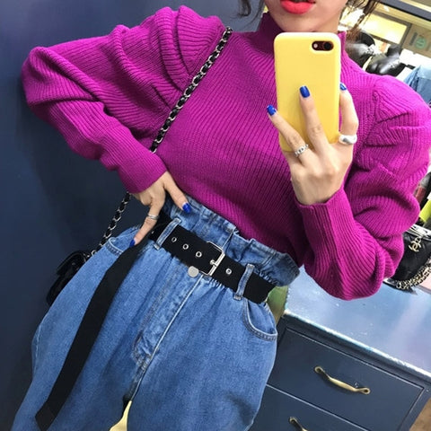 GALCAUR Korean Ruched Knitted Women's Sweaters O Neck Puff Long Sleeve Oversize Pullover Sweater Female 2019 Autumn Fashion New