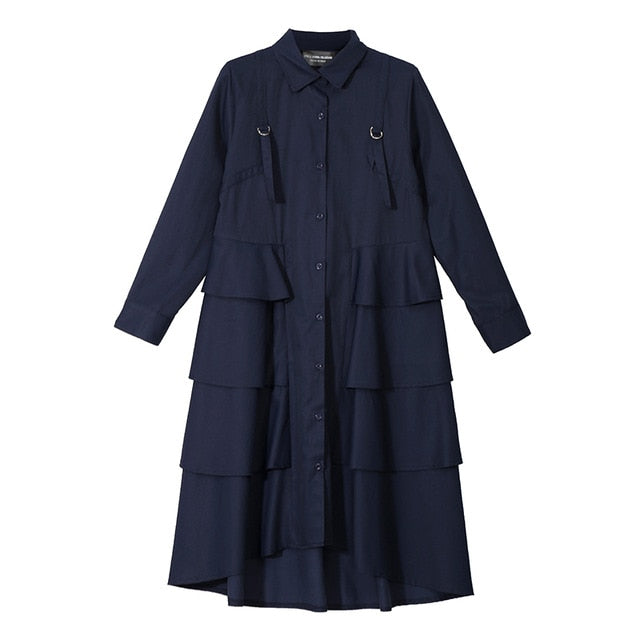 New 2019 Korean Style Women Autumn Navy Blue Shirt Dress Long Sleeve Cascading Ruffle Ladies Elegant Party Midi Dress Robe 3807