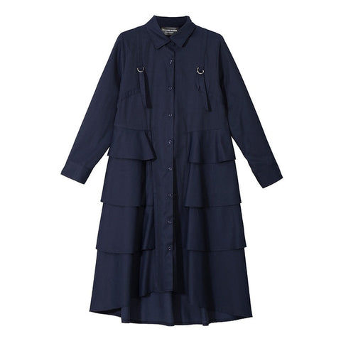 New 2019 Korean Style Women Autumn Navy Blue Shirt Dress Long Sleeve Cascading Ruffle Ladies Elegant Party Midi Dress Robe 3807