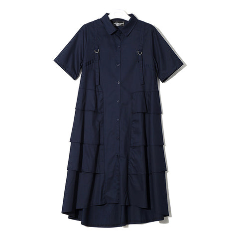 New 2019 Korean Style Women Autumn Navy Blue Shirt Dress Long Sleeve Cascading Ruffle Ladies Elegant Party Midi Dress Robe 3807