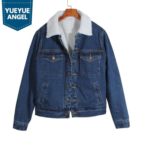 Hot Sale Winter Classic Lambs Wool Denim Jacket For Women Warm Fur Lining Turn Down Collar Loose Fit Blue Outerwear Overcoat