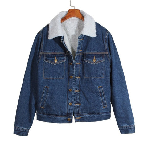 Hot Sale Winter Classic Lambs Wool Denim Jacket For Women Warm Fur Lining Turn Down Collar Loose Fit Blue Outerwear Overcoat