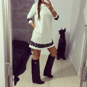 Autumn Winter Women Lace Dress Casual O-Neck Long Sleeve Tunic Dresses Party Dress