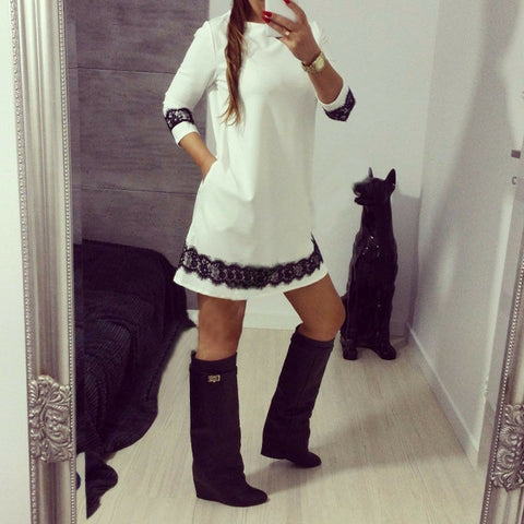 Autumn Winter Women Lace Dress Casual O-Neck Long Sleeve Tunic Dresses Party Dress