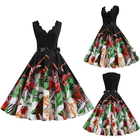 Women Dresses Summer 2020 Party Floral Sundress Sleeveless V Neck A Line Elegant Midi Dress Plus Size Woman Clothes For New Year