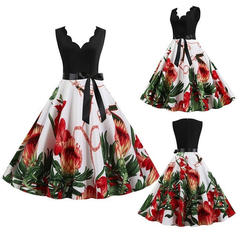 Women Dresses Summer 2020 Party Floral Sundress Sleeveless V Neck A Line Elegant Midi Dress Plus Size Woman Clothes For New Year