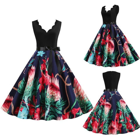 Women Dresses Summer 2020 Party Floral Sundress Sleeveless V Neck A Line Elegant Midi Dress Plus Size Woman Clothes For New Year
