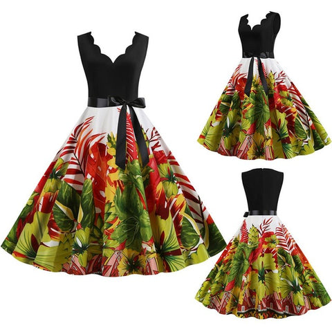 Women Dresses Summer 2020 Party Floral Sundress Sleeveless V Neck A Line Elegant Midi Dress Plus Size Woman Clothes For New Year