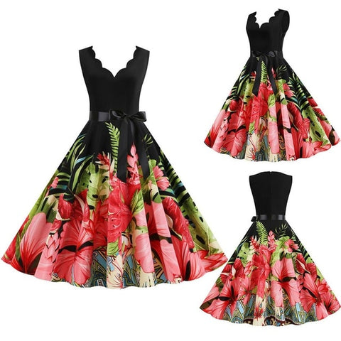 Women Dresses Summer 2020 Party Floral Sundress Sleeveless V Neck A Line Elegant Midi Dress Plus Size Woman Clothes For New Year