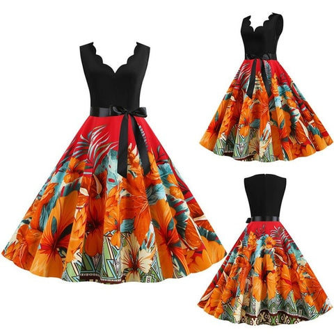 Women Dresses Summer 2020 Party Floral Sundress Sleeveless V Neck A Line Elegant Midi Dress Plus Size Woman Clothes For New Year