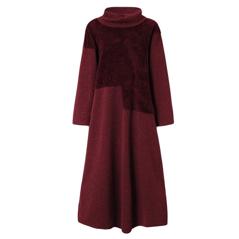 Fashion Turtleneck Hoodies Dress Women's Autumn Sundress ZANZEA Casual Sweatshirts Pullovers Female Pacthwork Robe Plus Size 5XL