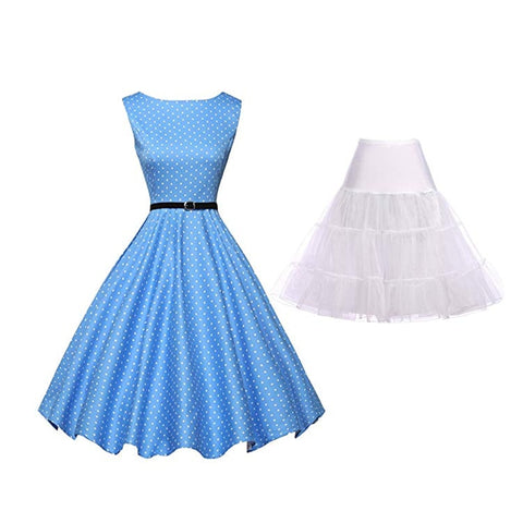 Women 50s Sleeveless Belt Retro Red Dress White Black Polka Dots Vintage 60s Rockabilly Swing Pin Up Gala Dresses Petticoat
