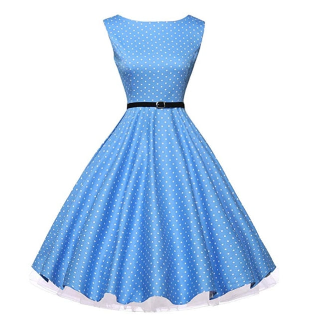 Women 50s Sleeveless Belt Retro Red Dress White Black Polka Dots Vintage 60s Rockabilly Swing Pin Up Gala Dresses Petticoat