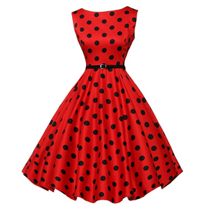 Women 50s Sleeveless Belt Retro Red Dress White Black Polka Dots Vintage 60s Rockabilly Swing Pin Up Gala Dresses Petticoat