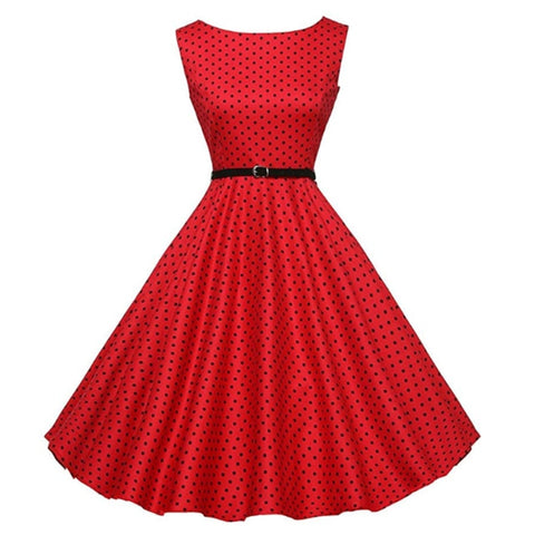 Women 50s Sleeveless Belt Retro Red Dress White Black Polka Dots Vintage 60s Rockabilly Swing Pin Up Gala Dresses Petticoat