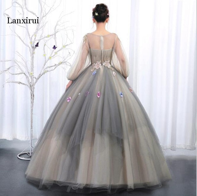 Vintage Princess Tutu Floral Dresses With Puffy Full Sleeves Sparkle Sequined Beaded Long Prom Gowns Lace Up Robe De Bal