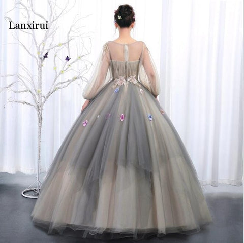 Vintage Princess Tutu Floral Dresses With Puffy Full Sleeves Sparkle Sequined Beaded Long Prom Gowns Lace Up Robe De Bal