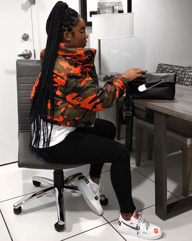 2020 Winter Women Short Parkas High Collar Full Sleeve Zipper Camouflage Print Coat High Street Outer Night Club Jacket Tops